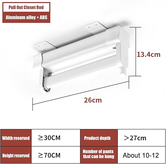 Heavy Duty Retractable Pull Out Pants Rack,Aluminum Alloy Pull Out Closet Valet Rod,Extendable Wardrobe Rail Tube for Hanging Clothes, Top Mount (Color : White, Battery *1 : 26cm)