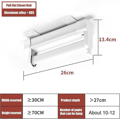 Heavy Duty Retractable Pull Out Pants Rack,Aluminum Alloy Pull Out Closet Valet Rod,Extendable Wardrobe Rail Tube for Hanging Clothes, Top Mount (Color : White, Battery *1 : 26cm)