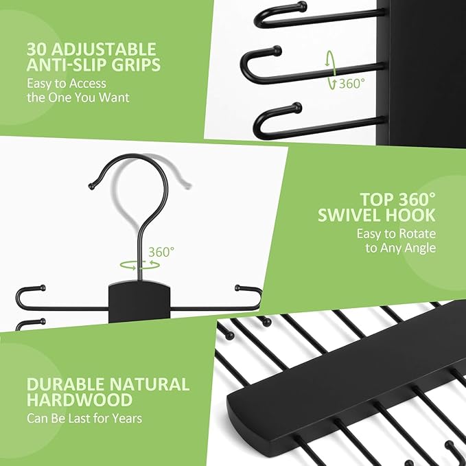 2 Pack Tie Rack, Wooden Tie Hanger for Men Closet, 60 Storage Capacity, Non-Slip Rotatable Tie Organizer, Closet Organizers and Storage, Black