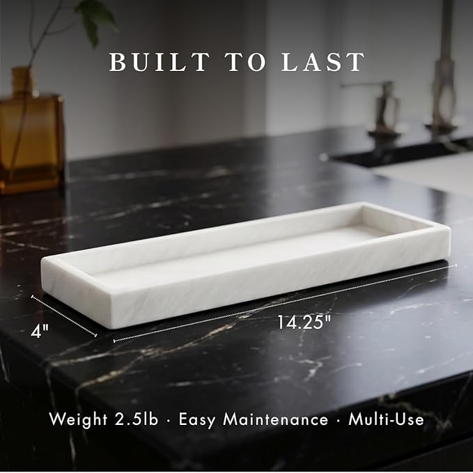 Bey-Berk Atticus Marble Bath Tray (White), 14.25" x 3.75" x 4", Genuine Stone Vanity Organizer