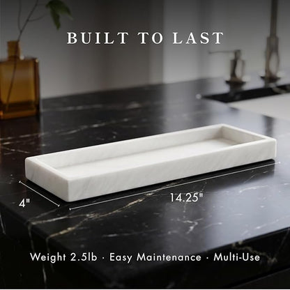 Bey-Berk Atticus Marble Bath Tray (White), 14.25" x 3.75" x 4", Genuine Stone Vanity Organizer