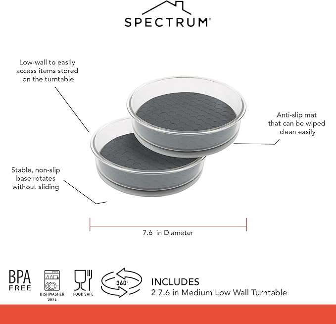 Spectrum Small Lazy Susan Organizer 7in for Cabinets Refrigerator Pantry Table Pack of 2, Rotating Storage Spice Rack Turntable for Sauces Jams or Tiny Jars, Spinning Fridge Organizer, Charcoal Gray