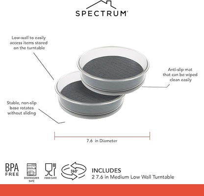 Spectrum Small Lazy Susan Organizer 7in for Cabinets Refrigerator Pantry Table Pack of 2, Rotating Storage Spice Rack Turntable for Sauces Jams or Tiny Jars, Spinning Fridge Organizer, Charcoal Gray