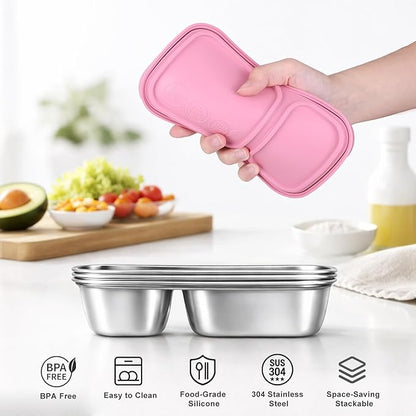3 Pack Stainless Steel Snack Containers with Silicone Lids, 2-Compartment Snack Containers for Lunch, Office, Travel & Camping (Muted Lilac, Blush Pink, Dusty Rose)