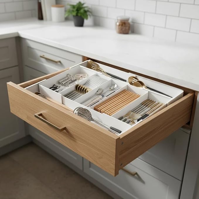 Utensil Organizer for Kitchen Drawers, Expandable Cooking Utensil Tray for Forks,Spoons, Knives,Space-Saving Expandable Cutlery Tray with Dividers, Fits Utensils of Various Sizes for Kitchen