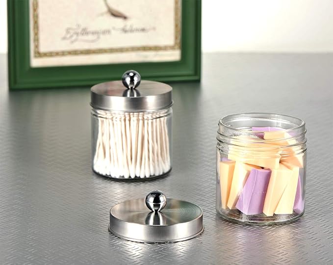 SheeChung 2-Pack Brushed Nickel Mason Jar Qtip Holder - Glass Apothecary Jars Bathroom Organizer - Rust-Proof Stainless Steel Lid for Cotton Swabs, Balls, Pads, Flossers - Modern Farmhouse Decor