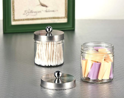 SheeChung 2-Pack Brushed Nickel Mason Jar Qtip Holder - Glass Apothecary Jars Bathroom Organizer - Rust-Proof Stainless Steel Lid for Cotton Swabs, Balls, Pads, Flossers - Modern Farmhouse Decor