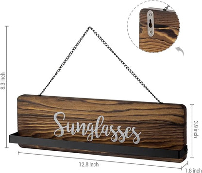 MyGift Rustic Burnt Wood Wall Mounted Sunglasses Storage Holder, Eyewear Hanging Display Organizer Rack with Cursive Sunglasses Lettering, Set of 2