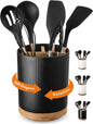 LoeJan 3 Compartment Utensil Holder, Extra Large Utensil Crock, Stable Ceramic Utensil Organizer, Cooking Tool Organizer Set for Kitchen Counter Farmhouse Decor (B-Black(Vertical Stripe))