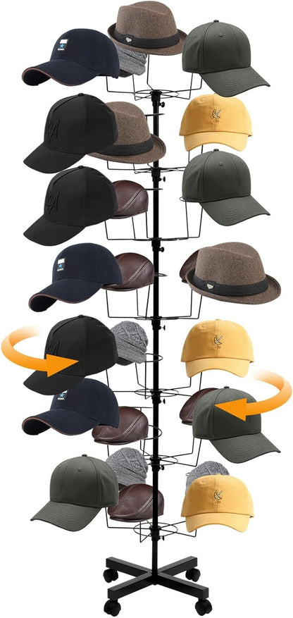 7-Tier Rotating Hat Display Rack, 35 Hooks Metal Freestanding Retail Display Stand Commercial Large Headwear Wig Metal Floor Rack for Hats and Wigs (Black)