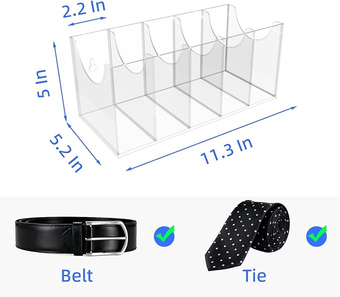 Acrylic Belt Organizer Box with 7 Compartments, Wall-Mount or Desktop Belt Storage for Men & Women, Holds Large Buckle Belts, Transparent Belt Holder for Closet Drawer Dresser (5 Compartments)