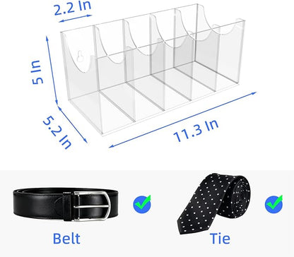 Acrylic Belt Organizer Box with 7 Compartments, Wall-Mount or Desktop Belt Storage for Men & Women, Holds Large Buckle Belts, Transparent Belt Holder for Closet Drawer Dresser (5 Compartments)