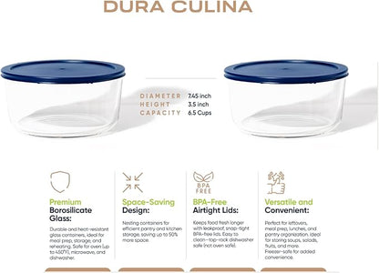 4-Piece Glass Food Storage Containers Set (2 Containers + 2 BPA-Free Lids) | 6.5-Cup, Leakproof | Microwave, Freezer, Oven & Dishwasher Safe | Ideal for Meal Prep & Pantry Organization, Blue