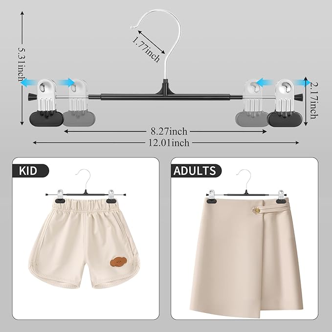 HUADYMEET 20 Pack 12Inch Pants Hangers with Wide Clips,Metal Trouser Hanger for Jeans.Space Saving Skirt Hangers Heavy Duty Non-Slip Adjustable Clothes Shorts Hanger for Women,Men,Black