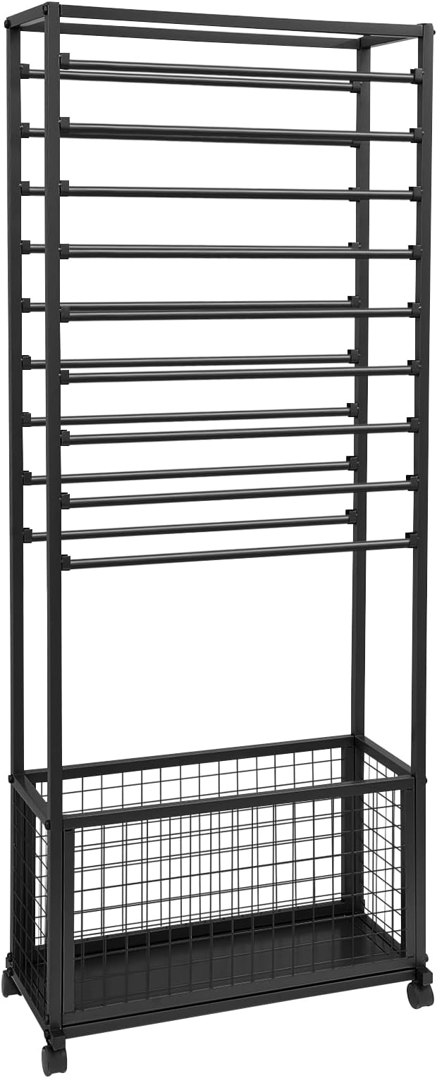 20-Tier Double-Sided Ribbon Holder Organizer Rack with Storage Basket & Wheels, Multifunctional Flower Wrapping Paper Display Stand for Craft Rooms, Flower Shops (Black, 26.38''W x 12.6''D x 59.06''H)
