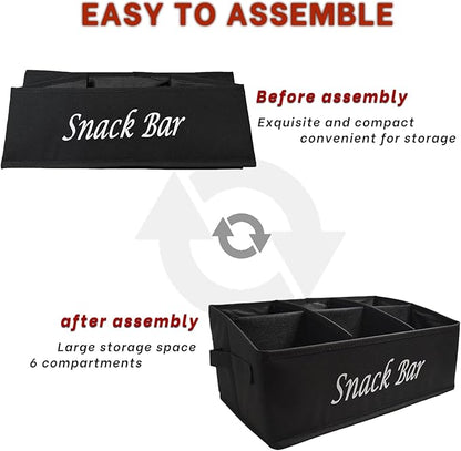 Snack Bar Organizer for Countertop,Black Fabric Snack Basket with Handles,6 Compartment Open Top Snack Bin for Kitchen Counter,Pantry,Snacks & Party Treats