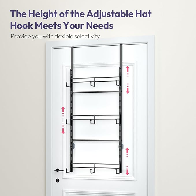 SWTYMIKI Over Door Hat Organizer - 3 Tier Metal Adjustable Wall Mounted Hat Rack with 9 Hooks Design, Hanging Baseball Cap Organizer Storage Holds up to 27 Caps for Door, Bedroom, Closet