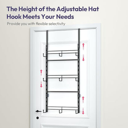 SWTYMIKI Over Door Hat Organizer - 3 Tier Metal Adjustable Wall Mounted Hat Rack with 9 Hooks Design, Hanging Baseball Cap Organizer Storage Holds up to 27 Caps for Door, Bedroom, Closet