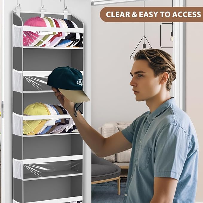 KYEVIS Over the Door Hat Organizer for Baseball Caps, Hold up to 60 Hats Rack Storage for Door/Closet/Wall, Clear Pockets Hanging Hat Holder for Baseball Caps with 10 Mesh Pockets, Grey