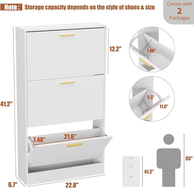 JOZZBY Shoe Cabinet Storage with 3 Flip Drawers for Entryway, White Slim Freestanding Modern Narrow Shoe Organizer Rack Cabinet for Hallway, Living Room, Set of 2
