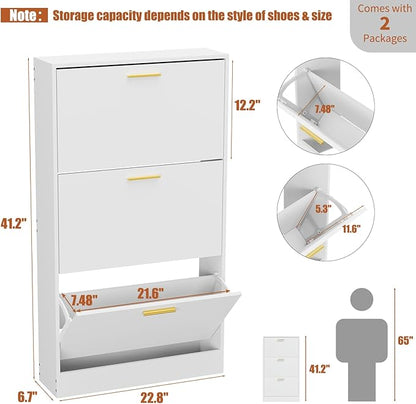 JOZZBY Shoe Cabinet Storage with 3 Flip Drawers for Entryway, White Slim Freestanding Modern Narrow Shoe Organizer Rack Cabinet for Hallway, Living Room, Set of 2