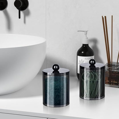 XIPENGKEJI 4 Pack Qtip Holder,Canister Apothecary Jar Set, Bathroom Jars with Lids Set for Cotton Swabs, Balls, Pads, Floss Picks,10oz-12oz Plastic Canisters Restroom Bedroom Vanity Organizer(Black)