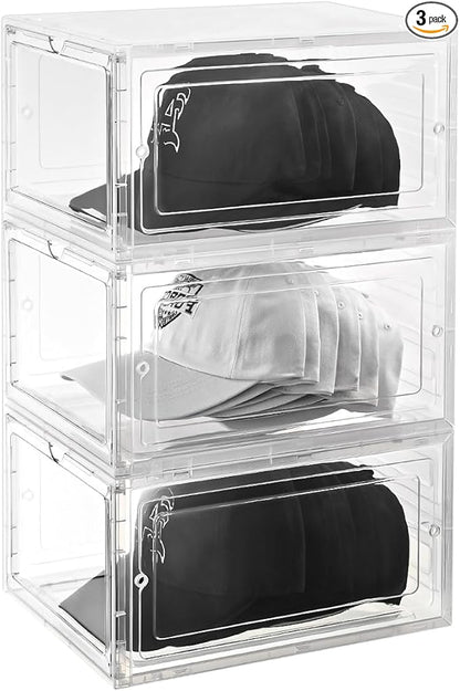 Hat Organizer Box,Stackable Baseball Caps Holder Box Containers with Magnetic Door for Hats Snapback Cap Storag,Clear Hat Storage with Magnetic Door, Holds 8 Hats Each (clear, 3 pack)