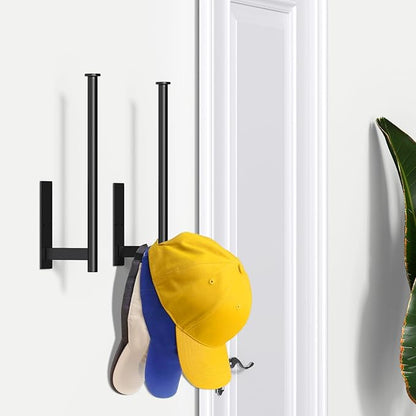 HUFEEOH Stainless Steel Wall-Mounted Hat Rack Organizer, Black Baseball Cap Hanger with Adhesive and Drill Mounting, Space-Saving Cap Holder for Kitchen, Entryway, Laundry Room