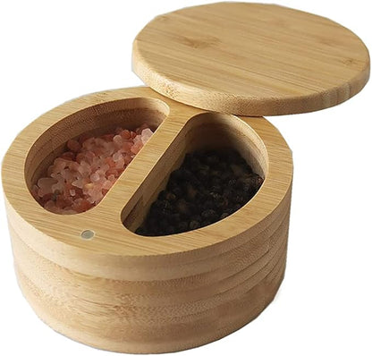 Bamboo Salt Box，Salt Cellar with Removable Magnetic Swivel Lid Round Salt, Pepper or spice Storage Box Cellar (Bamboo) (ZewellS09)