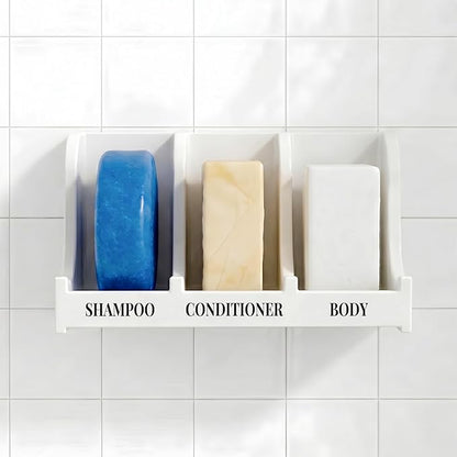 Soap Holder for Shower Wall, 3-Compartment Soap Dish for Shampoo, Conditioner and Body Soap, Fast Draining & Rust-Proof & Heavy Duty, Ultra-Strong Self Adhesive & Freestanding (White, Label)