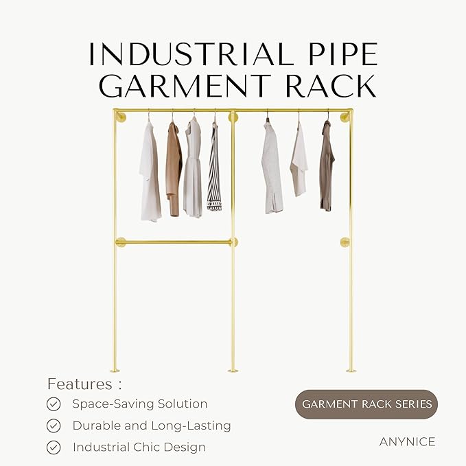 Gold Industrial Pipe Clothing Rack 75" W Wall Mounted, Heavy Duty Iron Garment Rack 150 lbs per Rod, Open Closet Organizer for Bedroom Laundry Room Retail Display