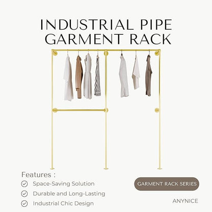 Gold Industrial Pipe Clothing Rack 75" W Wall Mounted, Heavy Duty Iron Garment Rack 150 lbs per Rod, Open Closet Organizer for Bedroom Laundry Room Retail Display