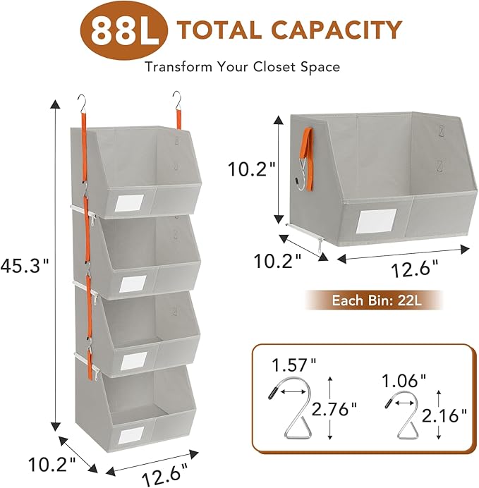 4 Pcs Modular Closet Organizer - Detachable & Foldable Hanging Storage Cubes, 88L Total Capacity, Heavy Duty Fabric Shelves for Wardrobe, Closet Organization, RV, Dorm, Grey