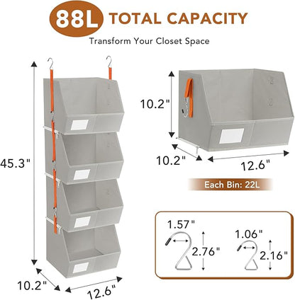 4 Pcs Modular Closet Organizer - Detachable & Foldable Hanging Storage Cubes, 88L Total Capacity, Heavy Duty Fabric Shelves for Wardrobe, Closet Organization, RV, Dorm, Grey
