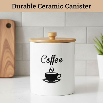 Ceramic Coffee Canister - 12 oz White Airtight Canister - 5 x 6 inch Coffee Bean Storage Container - Stylish Countertop Container for Grounds, Beans, Pods & More with Rubber-Lined Bamboo Lid