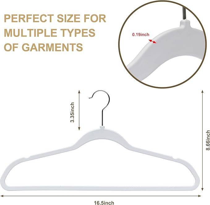 Quality Hangers 200 Pack Slim Plastic Hangers for Clothes - 16.5" Won't Crease Your Clothes, Heavy Duty Non-Velvet White Hangers, 360° Swivel Chrome Hook Dresses Coats Shirts