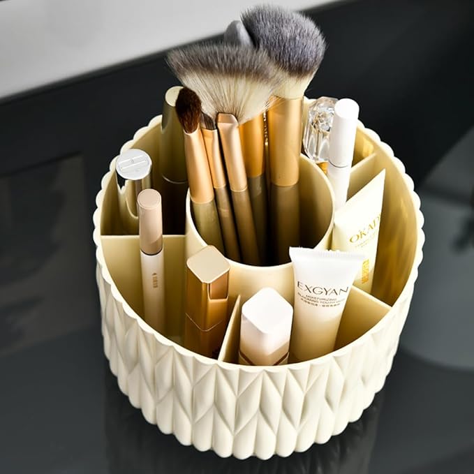 Rotating Makeup Brush Holder - Beige 5 Slot 360° Spinning Organizer for Vanity Desk, Cute Aesthetic Storage for Women, Multi-purpose Pen Pencil Caddy for Office Home Art Supplies
