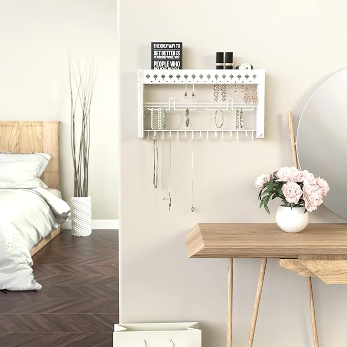 JackCubeDesign - Wood Wall Mount Jewelry Organizer with Metal Hooks for Necklaces, Ring, Earrings (White Wood) - MK460C