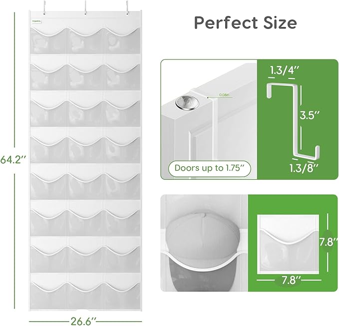 Baseball Hat Rack, 24 Pocket Over-The-Door Hat Organizer with Clear Deep Pockets to Display Baseball Caps Collection, Complete with 3 Over Door Hooks (White, 24 Pockets)