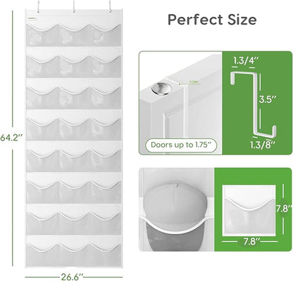 Baseball Hat Rack, 24 Pocket Over-The-Door Hat Organizer with Clear Deep Pockets to Display Baseball Caps Collection, Complete with 3 Over Door Hooks (White, 24 Pockets)