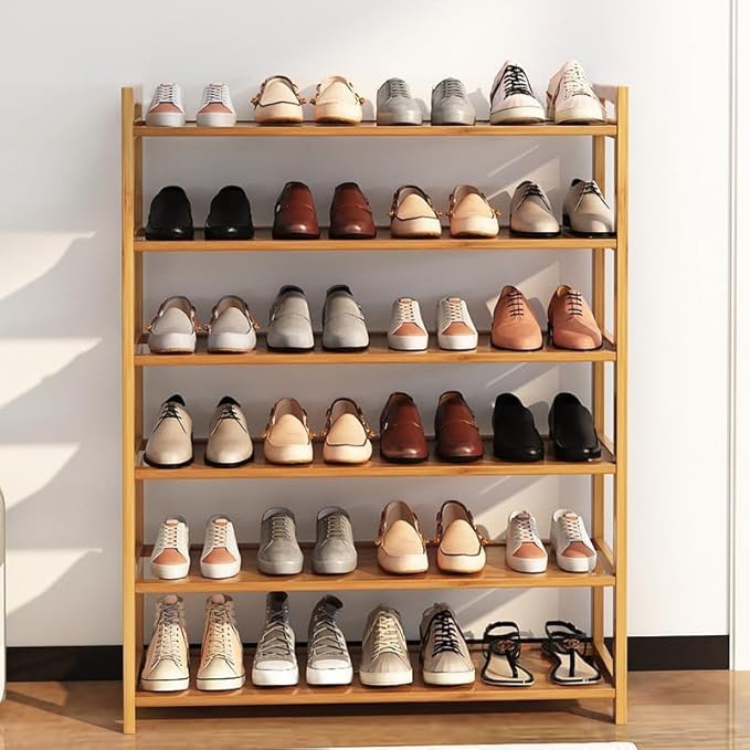 6 Tiers Shoe Rack Natural Bamboo Shoes Shelf Storage for Hallway Entryway Closet Wooden Stackable Shoe Organizer (Style A)