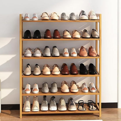 6 Tiers Shoe Rack Natural Bamboo Shoes Shelf Storage for Hallway Entryway Closet Wooden Stackable Shoe Organizer (Style A)