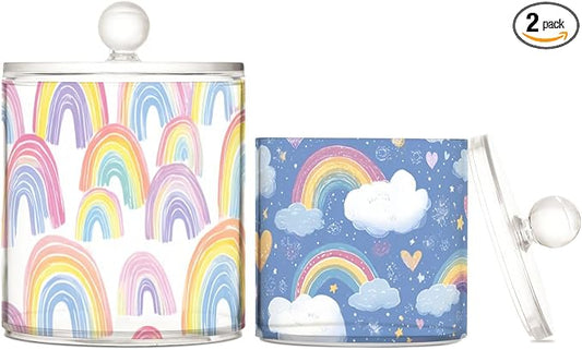 2 Pack Qtip Dispenser Apothecary Jars with Lids Cotton Round Holder Bathroom Canisters for Cotton Swab Floss Ball Pads Clear Plastic Decorative White Blue Rainbow Heart Clouds