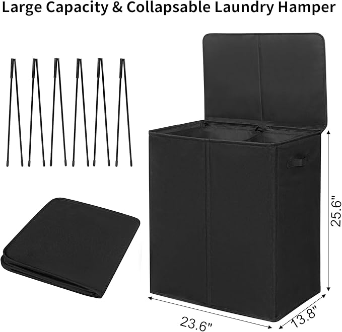 WOWLIVE 140L Double Laundry Hamper with Lid and Removable Laundry Bags, Large Dirty Clothes Hamper 2 section Collapsible Laundry Basket Dorm Room Storage for Bedroom, Bathroom, College,Black