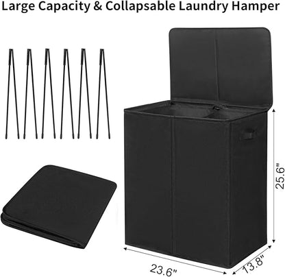WOWLIVE 140L Double Laundry Hamper with Lid and Removable Laundry Bags, Large Dirty Clothes Hamper 2 section Collapsible Laundry Basket Dorm Room Storage for Bedroom, Bathroom, College,Black