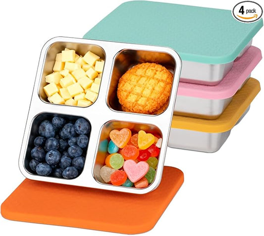 4 Pack Stainless Steel Snack Containers with Lids, Lunchable Container 4 Compartment Snack Containers, Small Bento Lunch Box Divided Food Storage for Portion Control Meal Prep Reusable Snackle