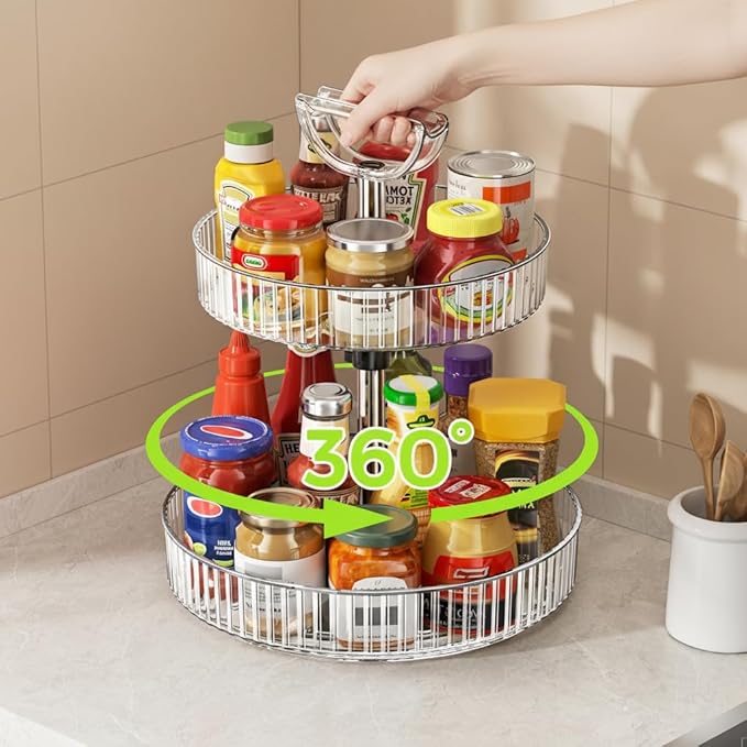 2-Tier Lazy Susan 360° Rotating Turntable Organizer Rack with Handles Height Adjustable, Spice Rack Holder Organizer for Cabinet, Pantry Organizers Bathroom Countertop Storage (Transparent Color)