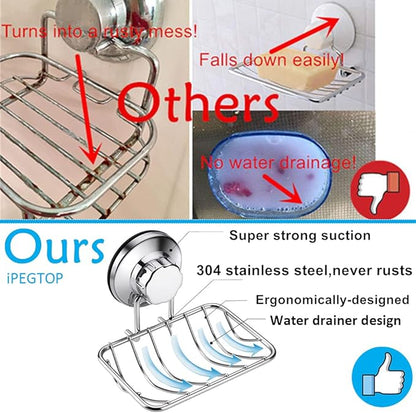 iPEGTOP Super Powerful Vacuum Suction Cup Shower Soap Dish - Updated Strong Rustproof Stainless Steel Soap Saver Sponge Holder for Bathroom & Kitchen Sink, 2 Pack