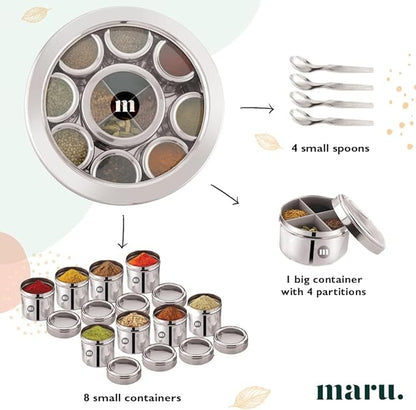 MARU 12 IN 1 Stainless Steel Indian Masala Box with See Through Lids, Elegant Spice box, Masala Dabba with 9 Spice Containers & 4 spoons for Kitchen Rack Organizer, Spice Storage Container for Kitchen