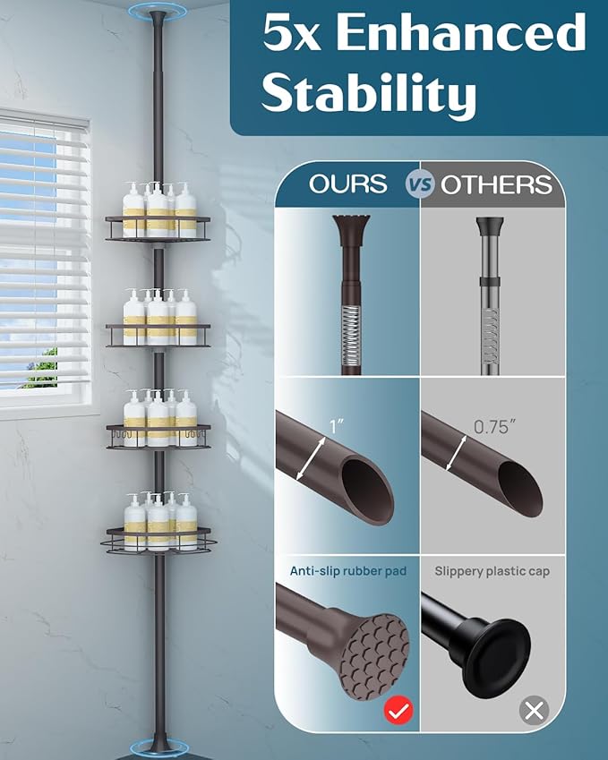 SEIRIONE Rustproof Shower Corner Caddy Organizer for Bathroom, Tension Pole with 4 Baskets, for Bathtub Storage Rack, 34 to 116 Inch Height, Bronze